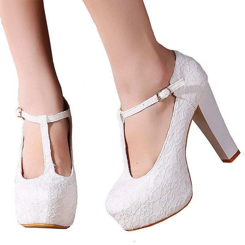 getmorebeauty Women Block Mary Janes Heels T-Strappy Lace Dress Wedding Shoes Pumps (US 7, White) - Image 5